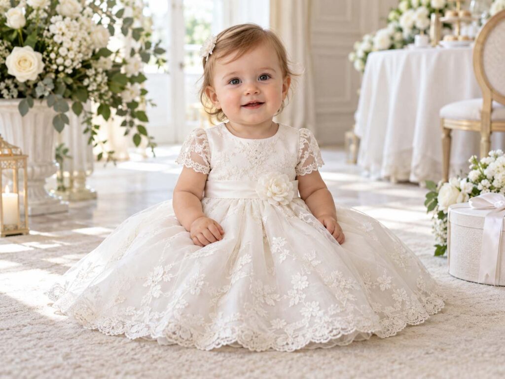 Baby girl wearing an ivory lace christening dress at an indoor celebration