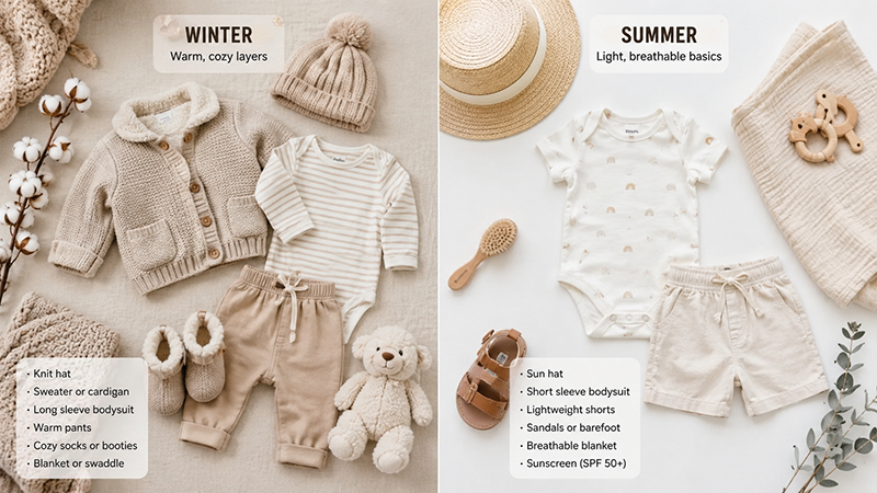 Winter and summer baby clothing essentials arranged for seasonal wardrobe planning.