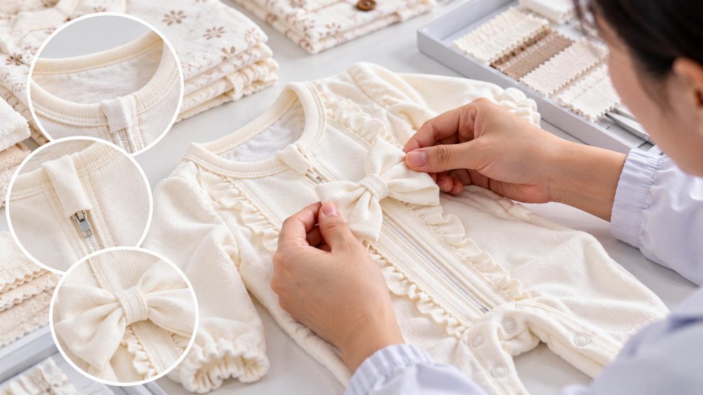 Quality inspection of sewn bow attachment and zipper protection on baby clothing