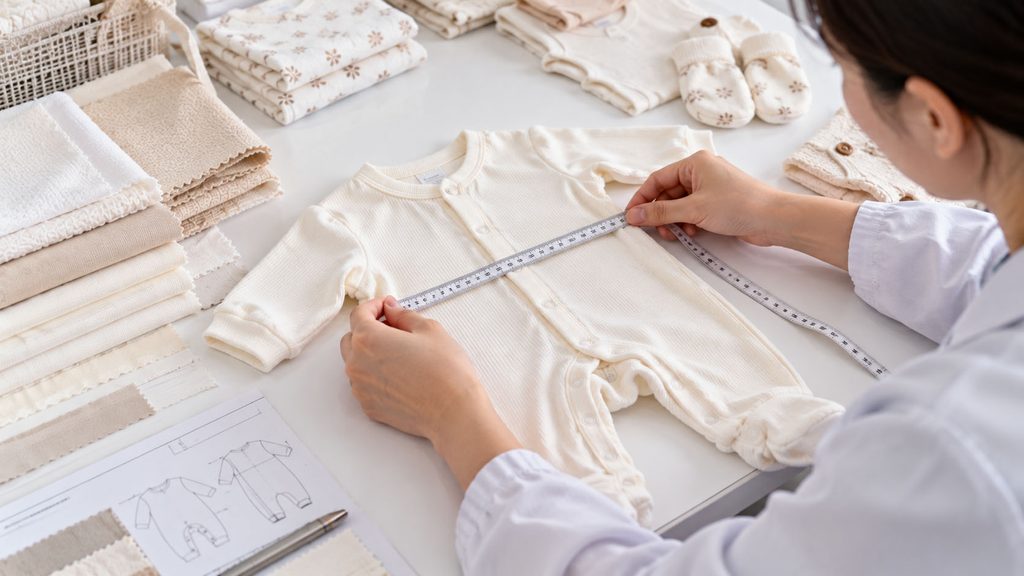 Baby clothing manufacturer checking newborn garment measurements and construction