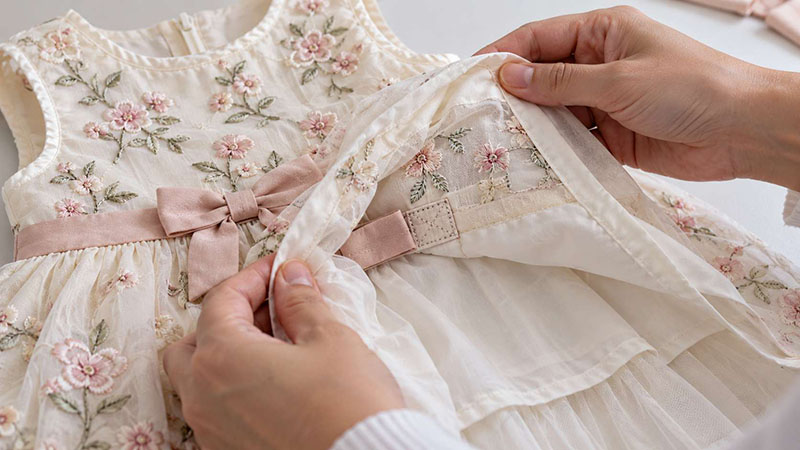 Lining folded back on a cream baby dress to show floral embroidery backing and the waist bow attachment stitching.