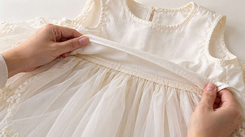 Hands lifting the cotton lining of an ivory baby dress to reveal the waist seam and layered tulle connection.