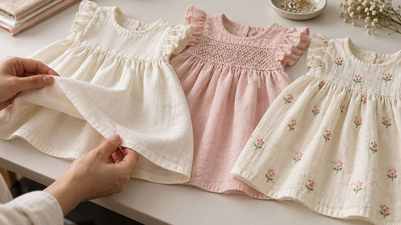 Hands lifting ivory cotton fabric beside a blush smocked baby dress and a cream floral embroidered dress.