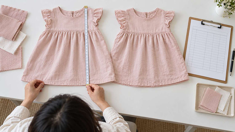 Technician measuring the length of two matching blush cotton baby dresses laid flat side by side.