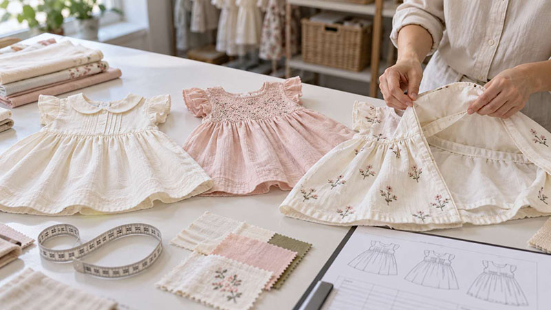 Garment specialist inspecting the lining of a baby girl dress beside cotton, smocked and embroidered samples.