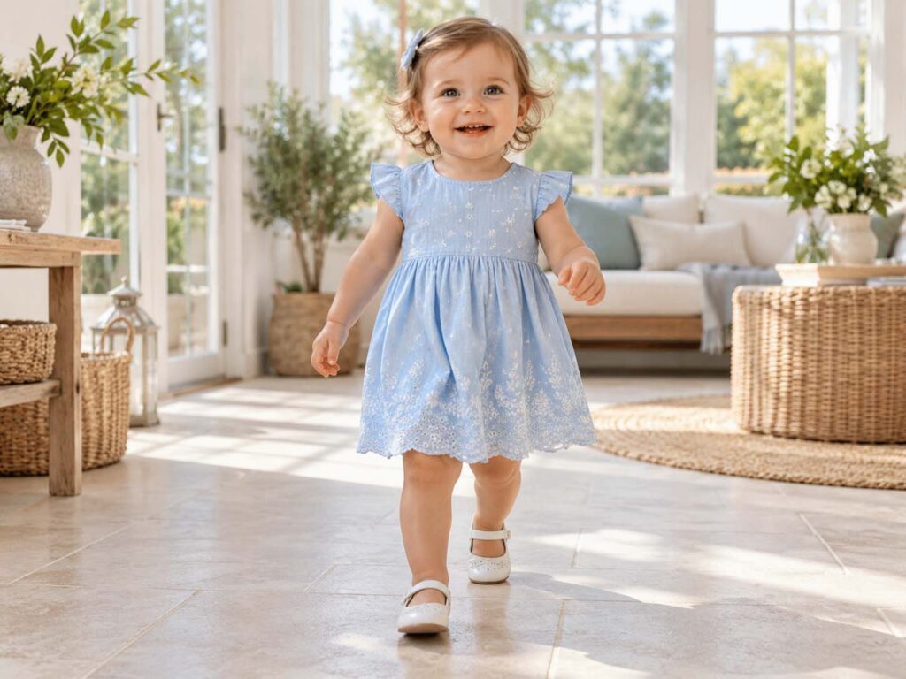 Babies wearing dresses, a romper and a knitted clothing set