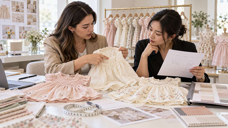 Wholesale buyer and product developer reviewing an ivory baby dress waist seam alongside a garment specification sheet.