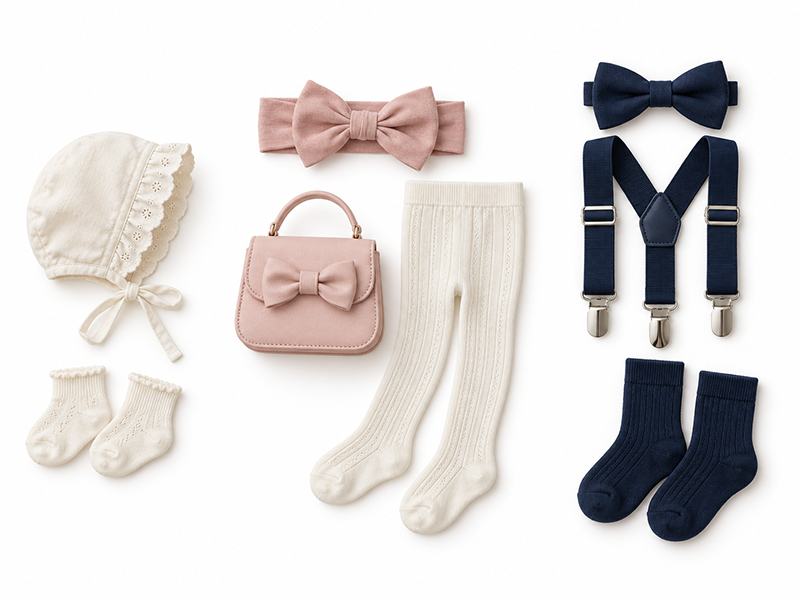 Baby bonnet and socks, girls’ hair bow and bag, and boys’ bow tie and suspenders
