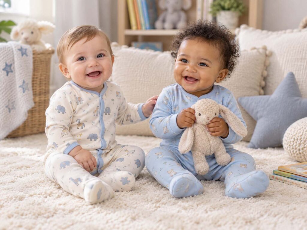 Two babies wearing coordinated cotton sleepsuits in a nursery