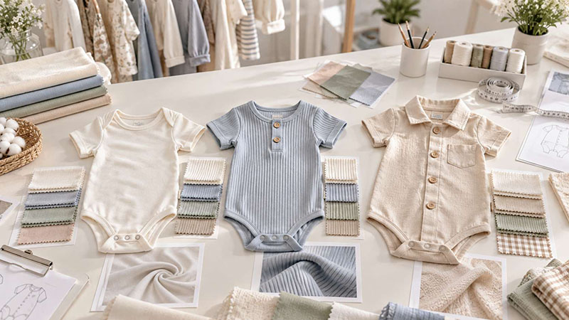 Cotton jersey, rib-knit and woven baby rompers showing different fabric and fit characteristics
