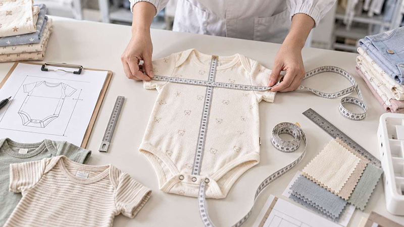 Baby romper measurements for chest width, body length, crotch depth and leg opening