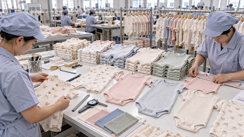 Quality control and size measurement for baby rompers and bodysuits during bulk production
