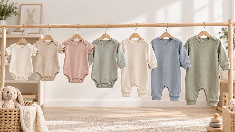 Baby romper size guide showing garment sizes from newborn to 24 months