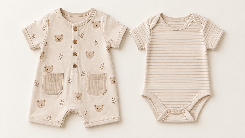 Baby romper and onesie comparison showing differences in leg coverage and garment design