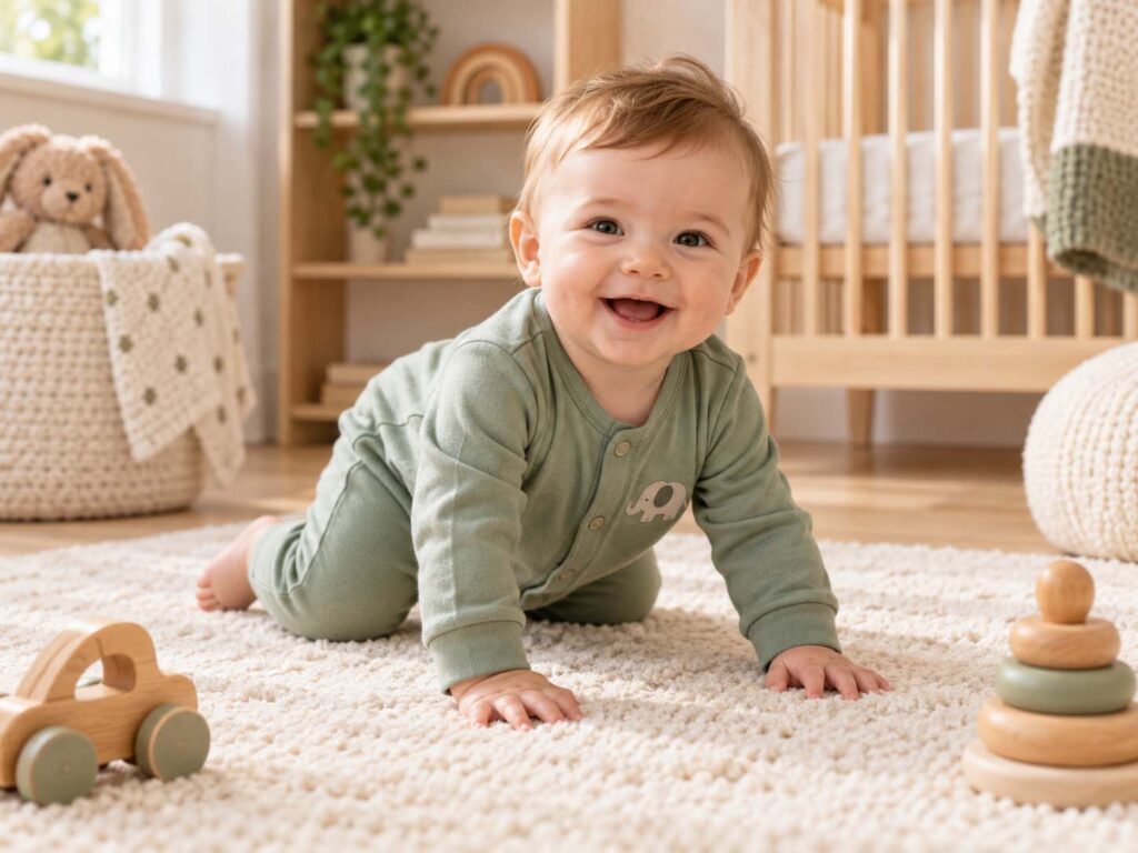 Smiling baby wearing a sage green cotton romper in a nursery