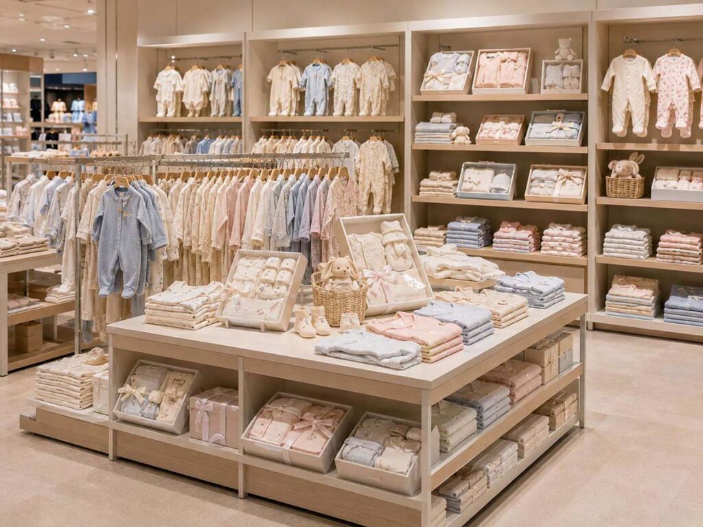 Babywear and newborn gift sets displayed for supermarket and large retail buyers