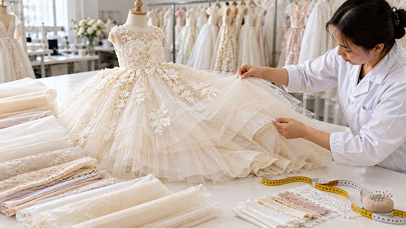Garment technician adjusting tulle layers and skirt fullness on a girls' ball gown.