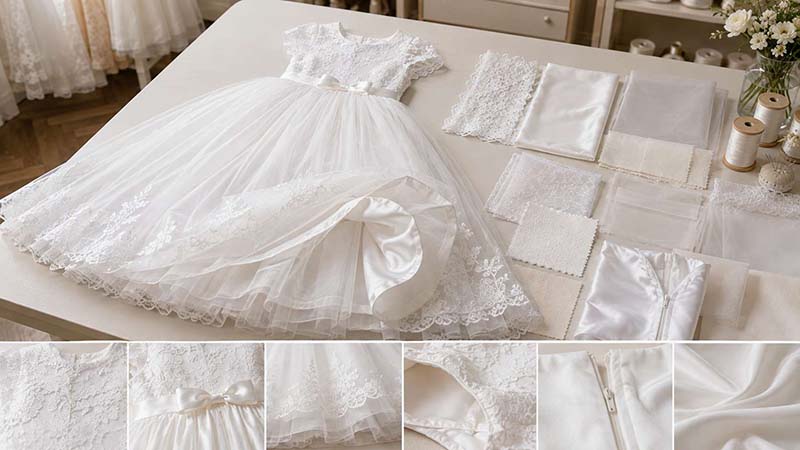 Baptism and Communion dress fabric construction with lace, tulle, satin and soft lining