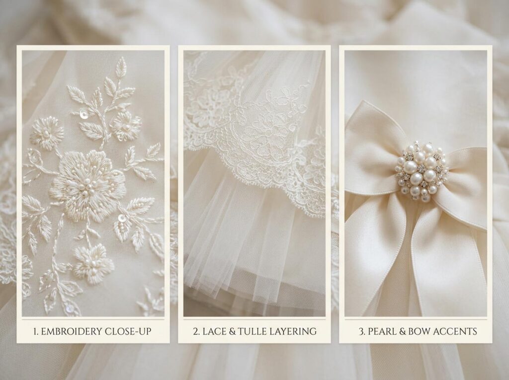 baptism dress craftsmanship embroidery lace tulle pearl detail close up