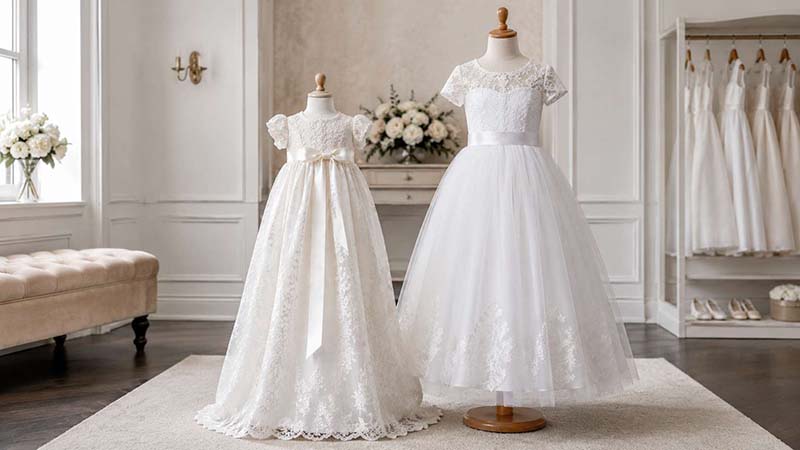 Baptism dress vs First Communion dress showing differences in size, length and silhouette