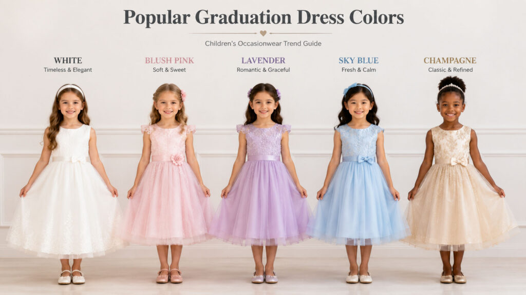 Popular graduation dress colors including white, blush pink, lavender, sky blue and champagne