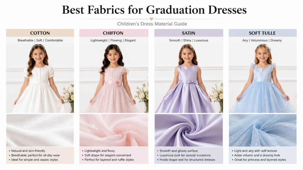Cotton chiffon satin and tulle fabrics commonly used in girls graduation dresses