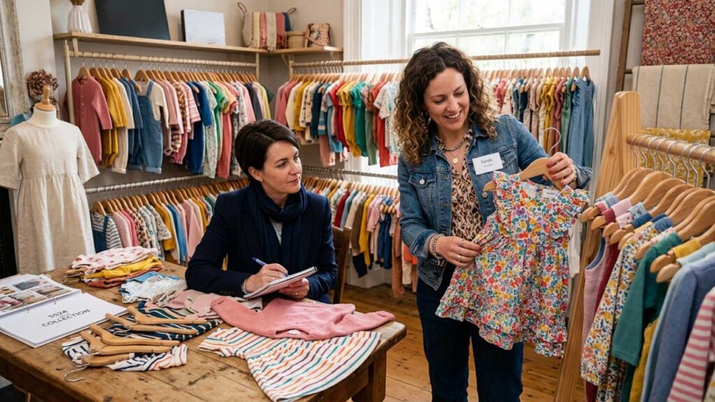 boutique owner choosing toddler dress styles