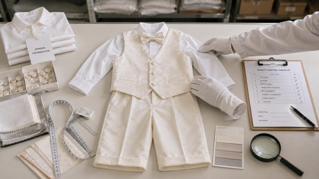 Quality control inspection of boys' baptism outfits before bulk production