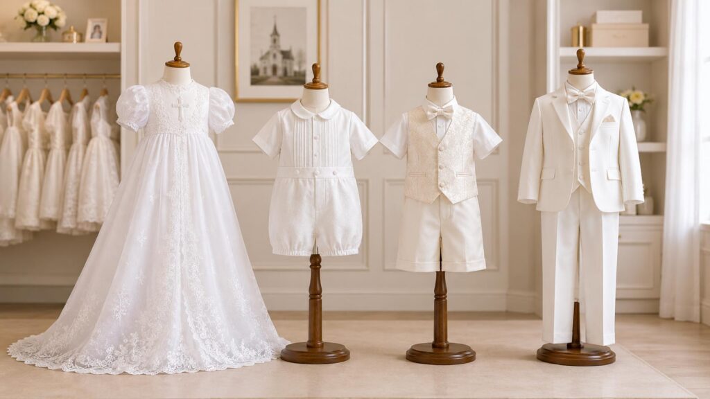 Boys' baptism outfits including christening gown, romper, waistcoat set and formal suit