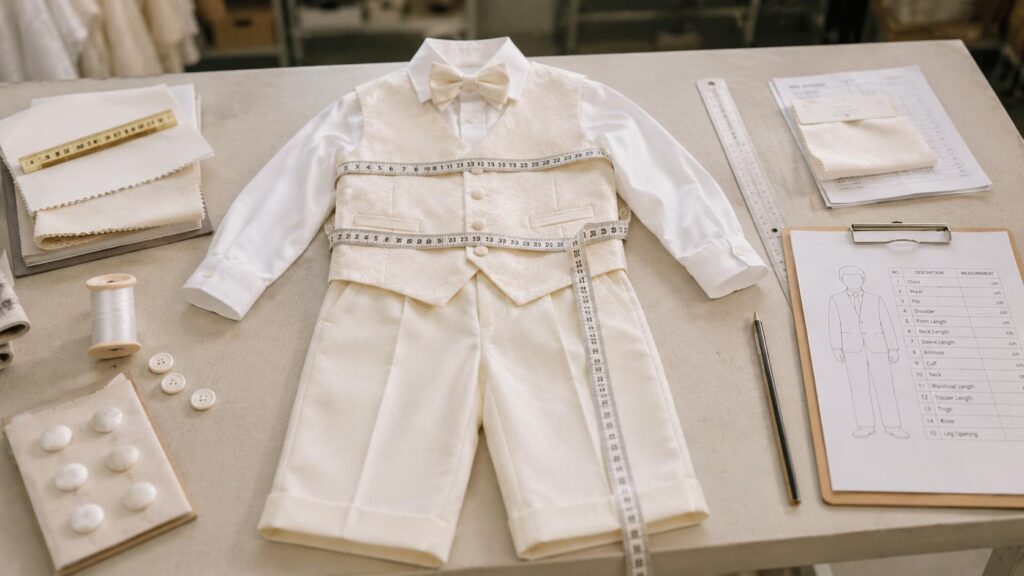 Fit and measurement check for boys' baptism waistcoat and formal suit sets