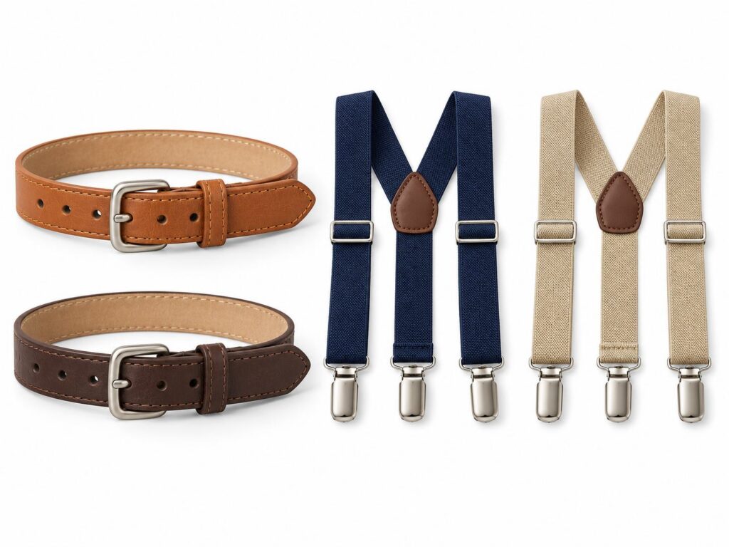 Tan and brown children’s belts with navy and beige boys’ suspenders