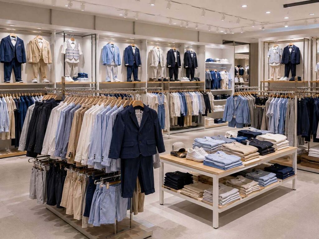 Boys' clothing collection with shirts, trousers and formal suits for supermarket retailers