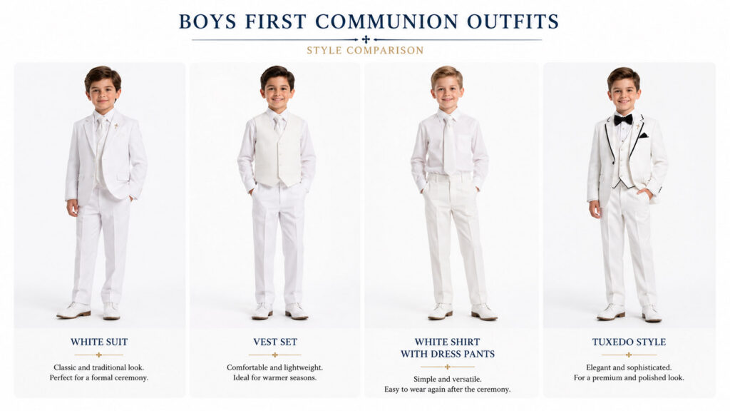 Different boys First Communion outfit styles including white suit and vest set