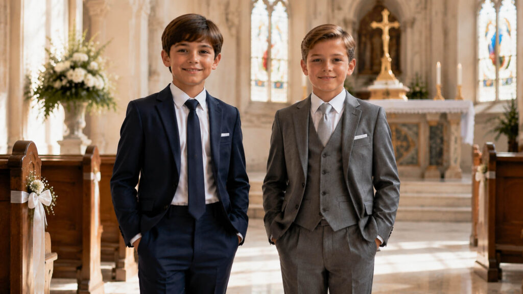 Boys first communion outfits with two-piece and three-piece suits