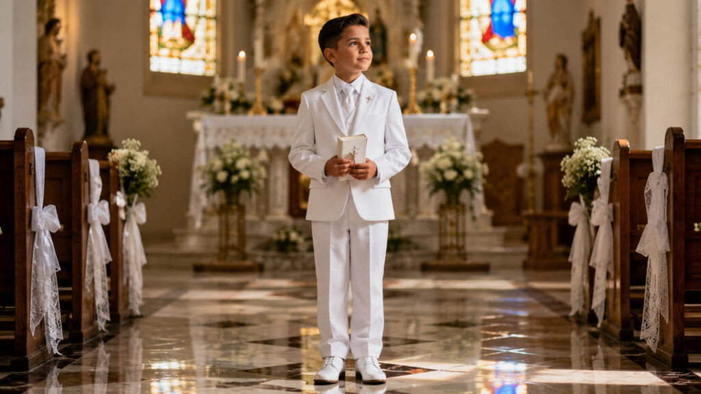 Boy wearing traditional white suit for First Communion ceremony in church