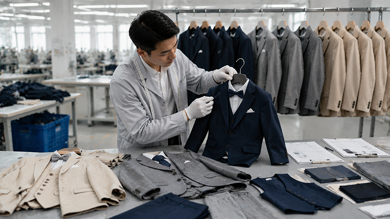 Wholesale buyer comparing two-piece and three-piece boys’ suit collections