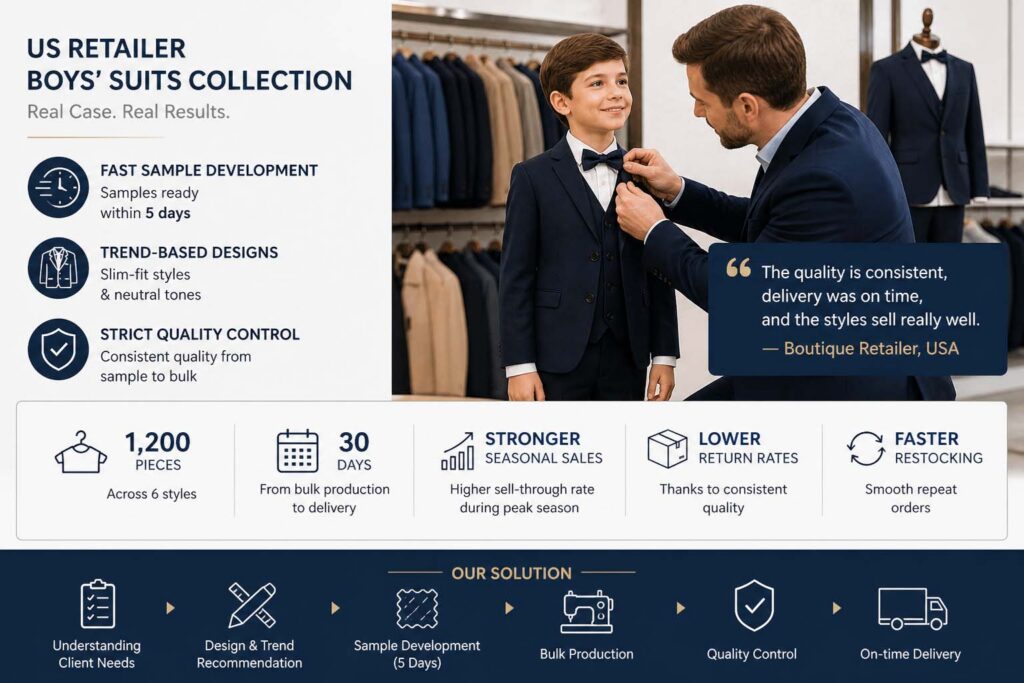 boys suits case study wholesale supplier US retailer bulk production fast delivery quality control