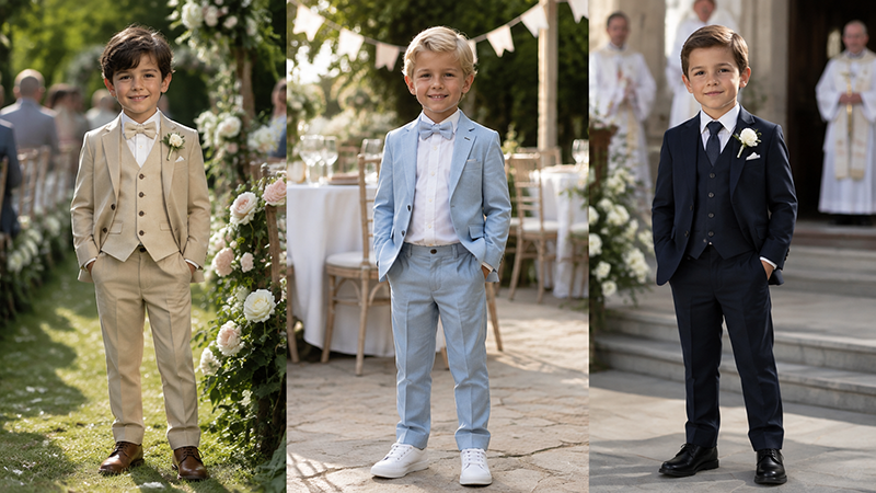 Boys wearing two-piece and three-piece suits for different occasions