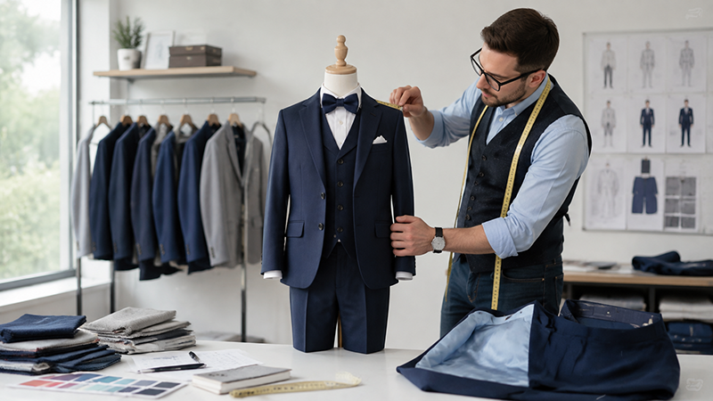 Tailor checking the fit and measurements of a boys’ three-piece suit