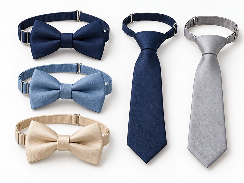 Boys’ ties and bow ties in navy, dusty blue, champagne and gray