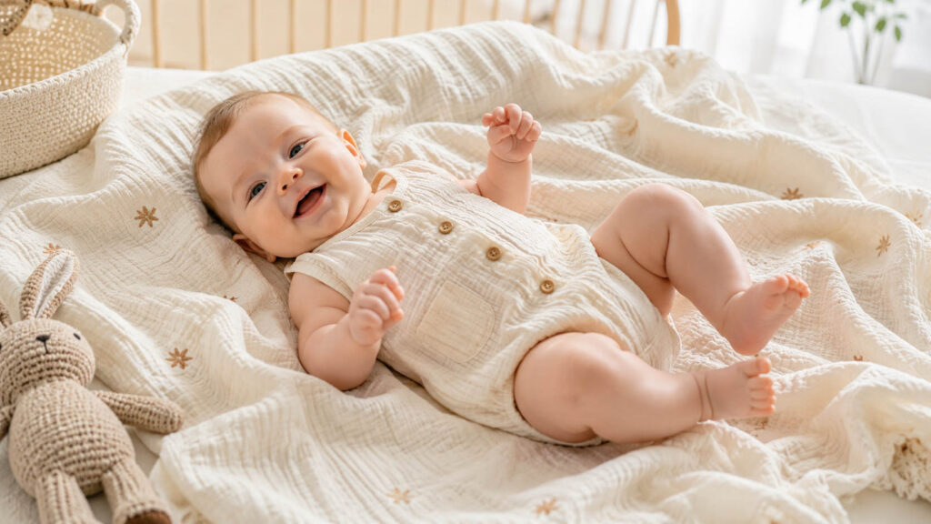 Baby wearing breathable muslin romper made from lightweight cotton fabric