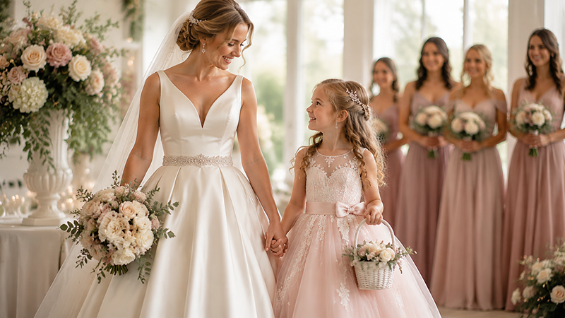 Bride standing with a flower girl wearing a blush pink tulle dress with ivory lace details at a wedding