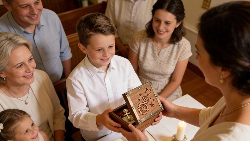 Catholic boy First Communion ceremony with family