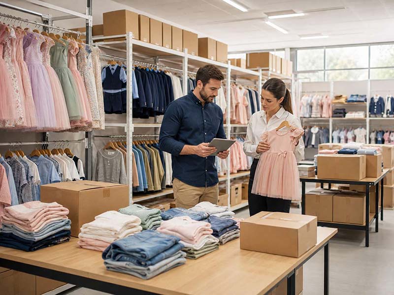 Organized kidswear inventory prepared for chain store replenishment orders