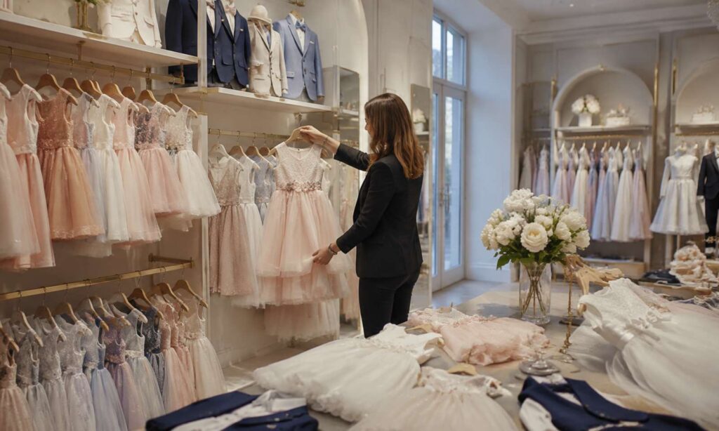 Children's fashion boutique displaying wholesale girls dresses and boys suits