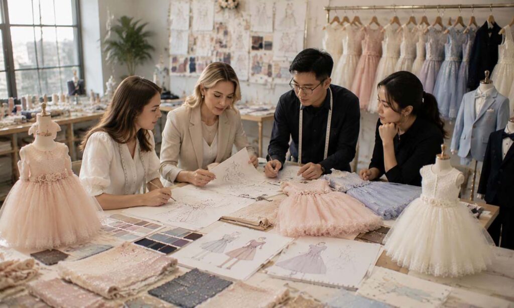 Children's fashion designers developing new dress collections for wholesale buyers