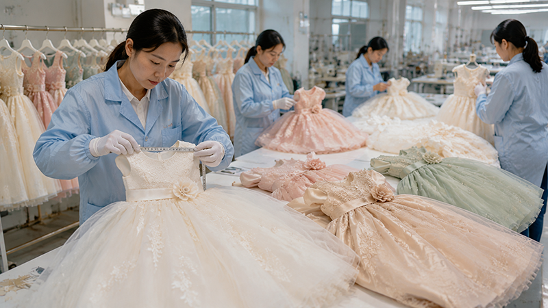 Quality control team inspecting premium girls dresses in a childrenswear factory