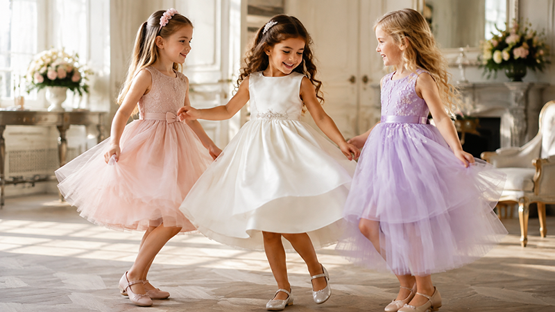Three girls wearing comfortable party dresses at an elegant garden party