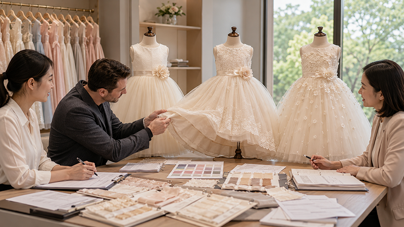 Wholesale buyer comparing flower girl dress samples, specifications and supplier quotations