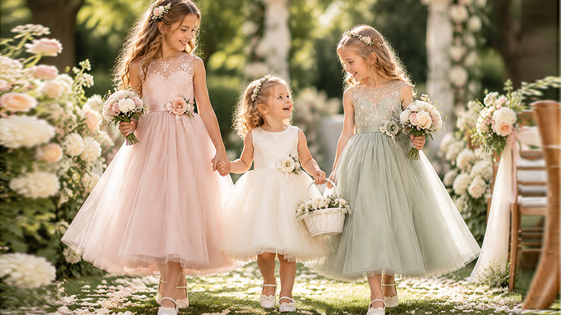 Three flower girls of different ages wearing coordinated blush pink, ivory and sage green tulle dresses at a garden wedding